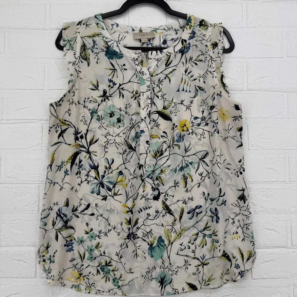 LOFT Sleeveless Blouse Womens Medium Floral Bird Print Ruffle Trim Button Front